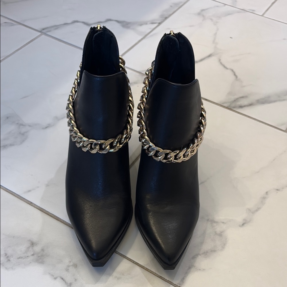 Black Leather Ankle Boots with Gold Chain